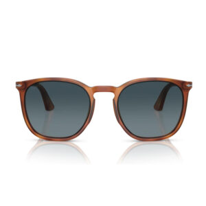 Brown-frame sunglasses with dark gray-blue lenses, front view.