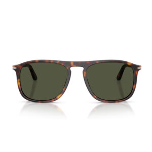Tortoiseshell sunglasses with dark green lenses seen from the front