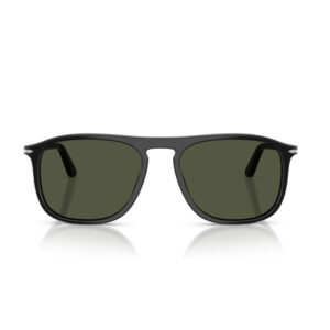 Front view of black-framed sunglasses with dark olive-green lenses.