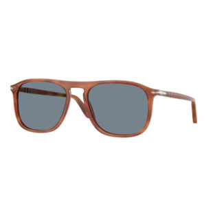 Brown-framed sunglasses with blue-gray lenses viewed from the side angle.