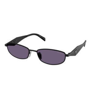 Prada black sunglasses with purple lenses and logo on the temple.