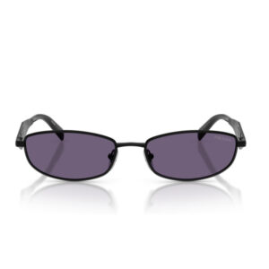 Prada sunglasses with black frame and dark purple lenses, front view with brand name on temple.