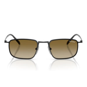 Prada sunglasses with a black metal frame and brown gradient lenses, logo on the right lens.