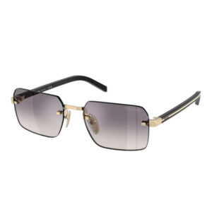 Prada sunglasses with a gold-tone frame, black temples, and gradient rectangular gray lenses.