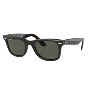 Tortoiseshell Ray-Ban Wayfarer sunglasses with dark green lenses.