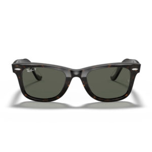 Tortoiseshell Ray-Ban Wayfarer sunglasses with dark green lenses, front view.