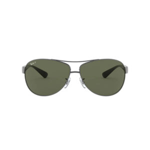 Ray-Ban aviator sunglasses with green lenses and metal frame, logo visible on the left lens.