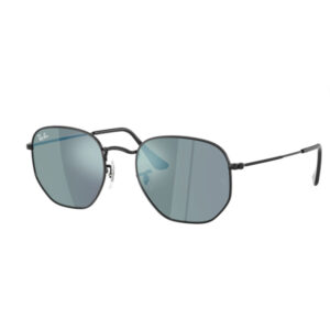 Ray-Ban aviator sunglasses with black frame and blue-green reflective lenses, shown from a side angle