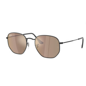 Ray‑Ban aviator sunglasses with brown lenses and a slim black metal frame, shown in a side/angled view.