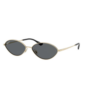 Ray-Ban oval sunglasses with a gold metal frame and dark lenses, front view.