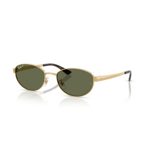 Gold metal-framed Ray-Ban sunglasses with olive-green lenses on a white background
