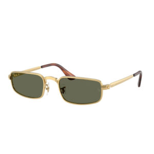 Gold metal rectangular sunglasses with dark green lenses and brown temple tips (Ray-Ban style)