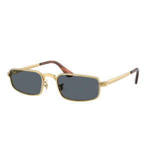 Gold Ray-Ban sunglasses with a rectangular metal frame, dark lenses, and brown temple tips viewed from the side.