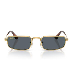 Ray-Ban gold-plated rectangular sunglasses with dark lenses and tortoiseshell temple tips, shown front-on on a white background