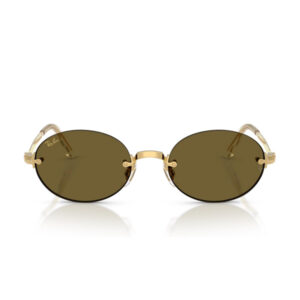 Ray‑Ban round gold metal sunglasses with brown lenses on a white background.