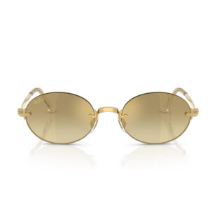 Gold Ray‑Ban round sunglasses with brown tinted lenses on a white background, logo visible on the lens edge.