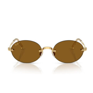Ray-Ban oval sunglasses with brown lenses and a gold metal frame, reflected on a white surface, front view.