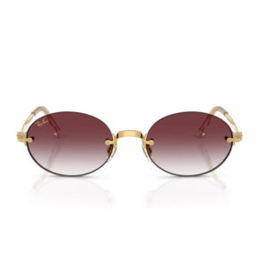 Round Ray‑Ban sunglasses with a gold metal frame and burgundy gradient lenses.