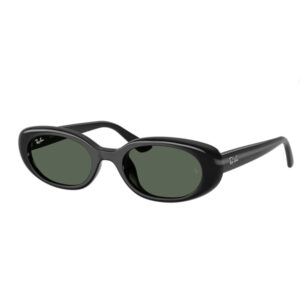 Black Ray-Ban wraparound sunglasses with dark green lenses and logo on the temple