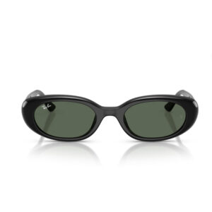 Ray‑Ban black oval sunglasses with dark green lenses resting on a white reflective surface.