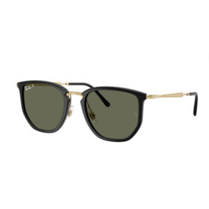Ray-Ban sunglasses with a black frame, gold-tone metal temples, and olive-green lenses.