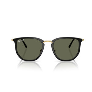 Black Ray-Ban sunglasses with a gold bridge and dark green lenses on a white background.