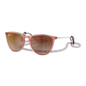 Pink Ray-Ban sunglasses with brown gradient lenses and a multicolor woven strap.