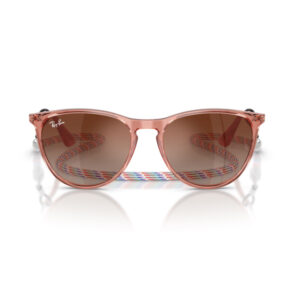 Pink translucent Ray‑Ban sunglasses with gradient brown lenses and a multicolored braided strap here and behind the lenses
