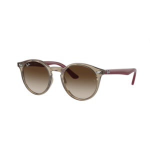 Round sunglasses with tan frames, brown gradient lenses, and burgundy temples; Ray-Ban logo on the arm.