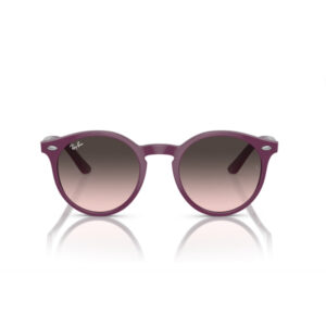 Purple round Ray‑Ban sunglasses with gradient lenses on a white background, centered and reflecting softly.
