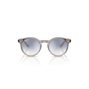 Ray-Ban round sunglasses with a translucent beige frame and blue gradient lenses on a white background.