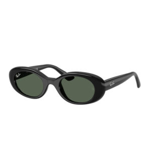 Black Ray-Ban sunglasses with glossy oval frames and dark green lenses, logo visible on temples, studio product shot