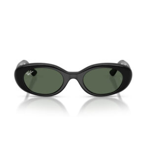 Black wraparound sunglasses with green lenses, Ray-Ban logo visible on the left lens.