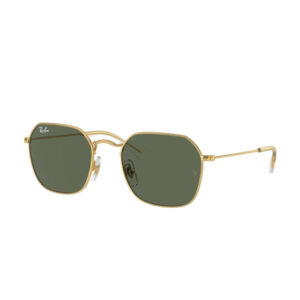 Ray-Ban sunglasses with a gold metal frame and dark green lenses, shown from a three-quarter angle.