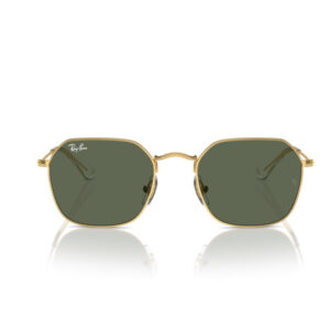 Ray-Ban square sunglasses with a gold frame and dark green lenses, front view