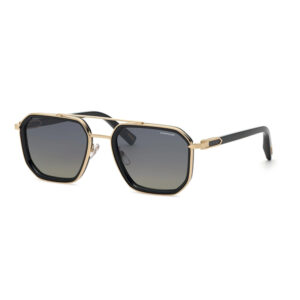Gold-tone square-frame sunglasses with dark gradient lenses and black temples; subtle brand logo on lens edge.