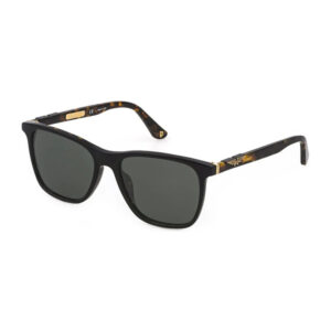 Black sunglasses with dark gray lenses and tortoiseshell-patterned temples at an angle.