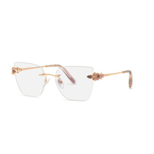 Rimless sunglasses with large square lenses, gold temples, and jeweled accents at the hinges.