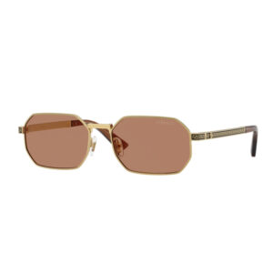 Versace gold metal-frame sunglasses with large brown lenses and Greek-key patterned temples.
