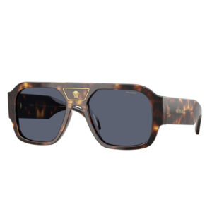 Versace tortoiseshell sunglasses with dark rectangular lenses and gold logo at the bridge.