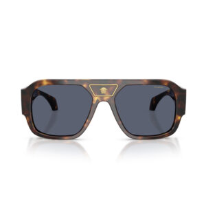 Tortoiseshell oversized sunglasses with dark lenses and a gold crest emblem at the bridge.