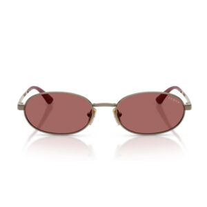 Oval metal-framed sunglasses with pink-tinted lenses and maroon temples; Vogue logo on the right lens