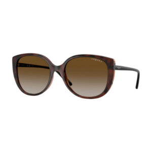 Oversized tortoiseshell sunglasses with brown gradient lenses and black temples; Vogue logo on the lens.