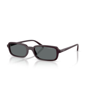 Dark burgundy rectangular sunglasses with dark gray lenses and Vogue branding on the temple.