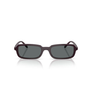 Purple-brown rectangular sunglasses with dark gray lenses on a white background; small Vogue logo visible on the right lens.